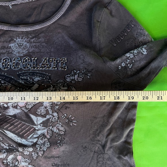 Large‎ Y2K Womens Brown Chocolate Rhinestone Long Sleeve Top Love Paris Graphic - Picture 3 of 5